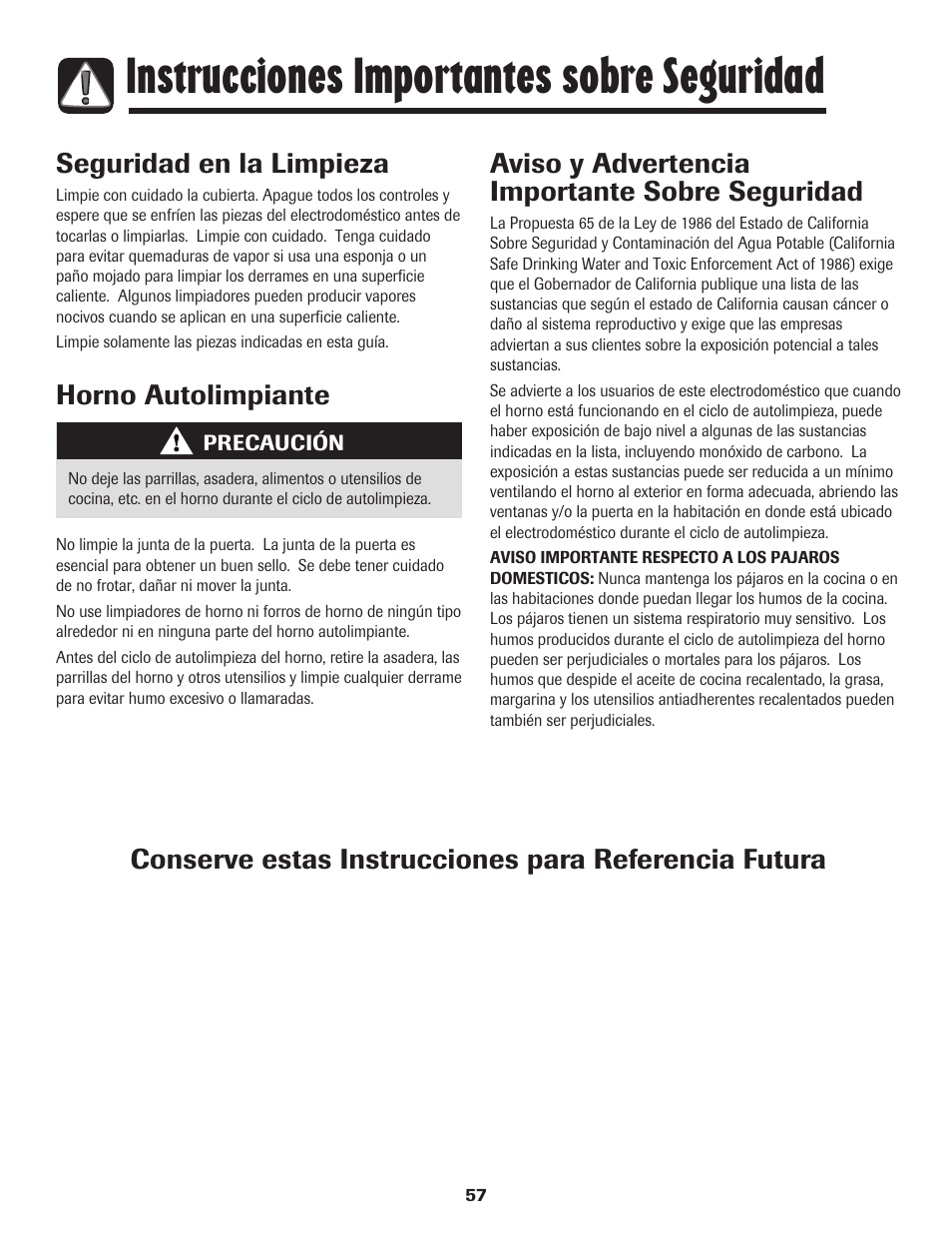 Instrucciones importantes sobre seguridad, Seguridad en la limpieza, Horno autolimpiante | Aviso y advertencia importante sobre seguridad | Amana 8113P487-60 User Manual | Page 58 / 80