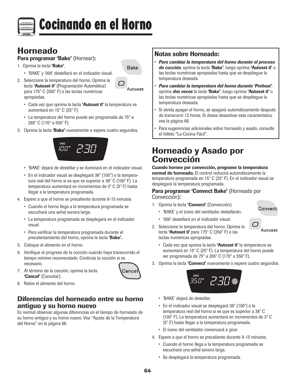 Cocinando en el horno, Horneado y asado por convección, Horneado | Notas sobre horneado | Amana 8113P487-60 User Manual | Page 65 / 80