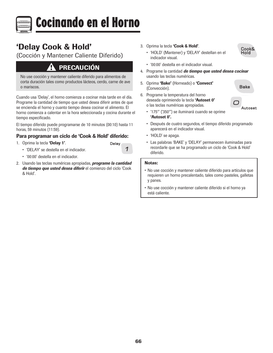 Cocinando en el horno, Delay cook & hold, Cocción y mantener caliente diferido) | Precaución | Amana 8113P487-60 User Manual | Page 67 / 80