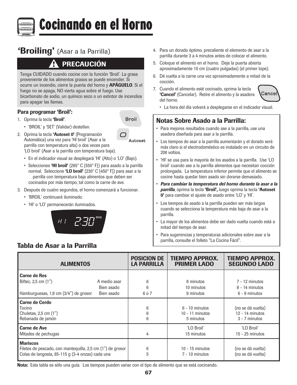 Cocinando en el horno, Broiling, Tabla de asar a la parrilla | Precaución | Amana 8113P487-60 User Manual | Page 68 / 80