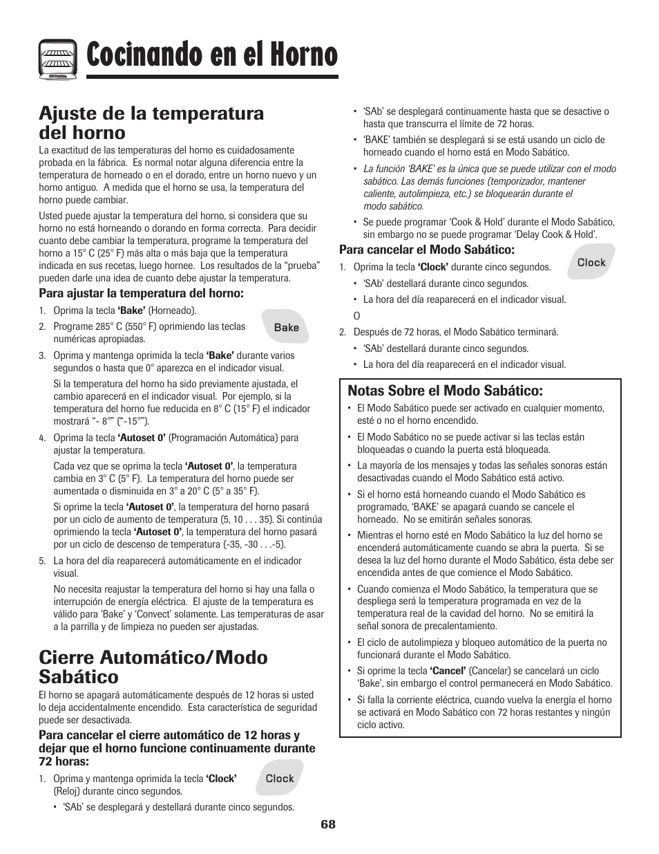 Cocinando en el horno, Cierre automático/modo sabático, Ajuste de la temperatura del horno | Notas sobre el modo sabático | Amana 8113P487-60 User Manual | Page 69 / 80