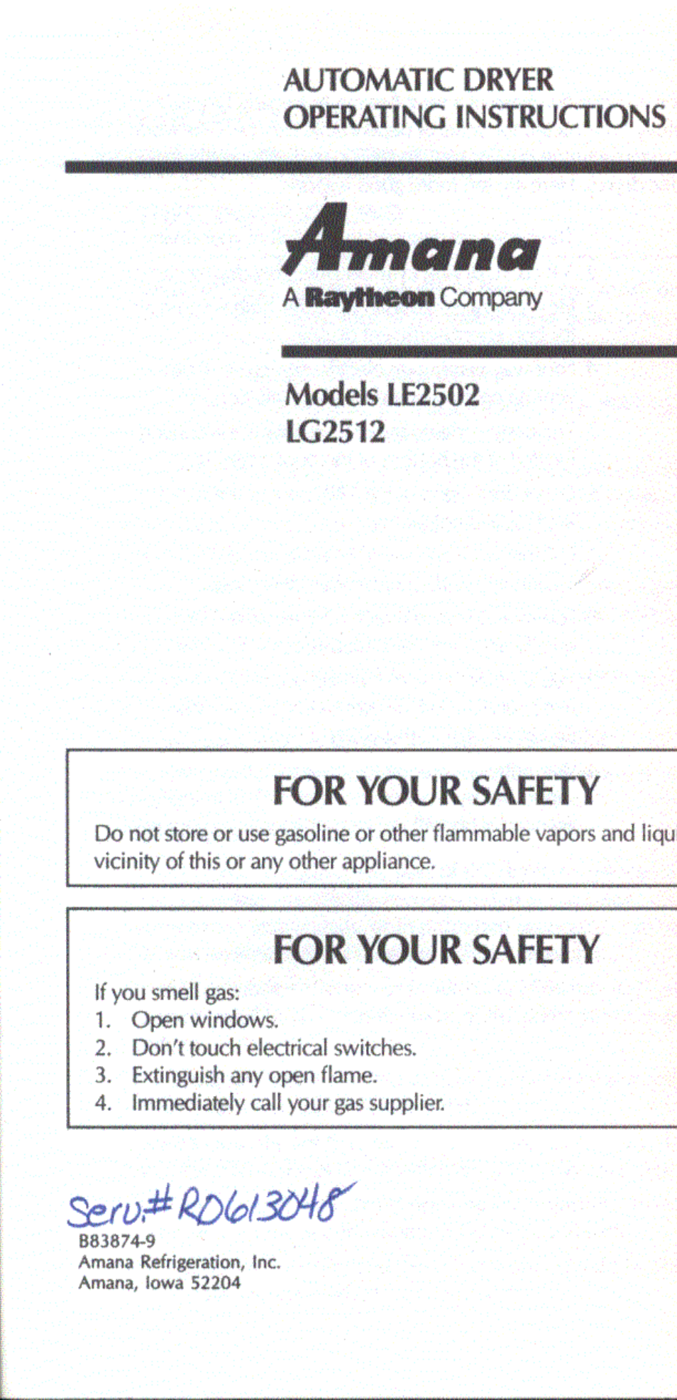 Amana RAYTHEON LE2502 User Manual | 10 pages