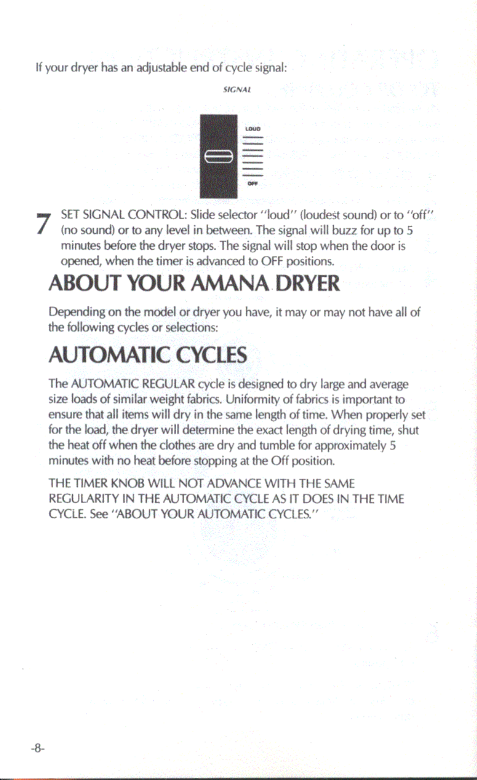 About your amana dryer, Automatic cycles | Amana RAYTHEON LE2502 User Manual | Page 3 / 10