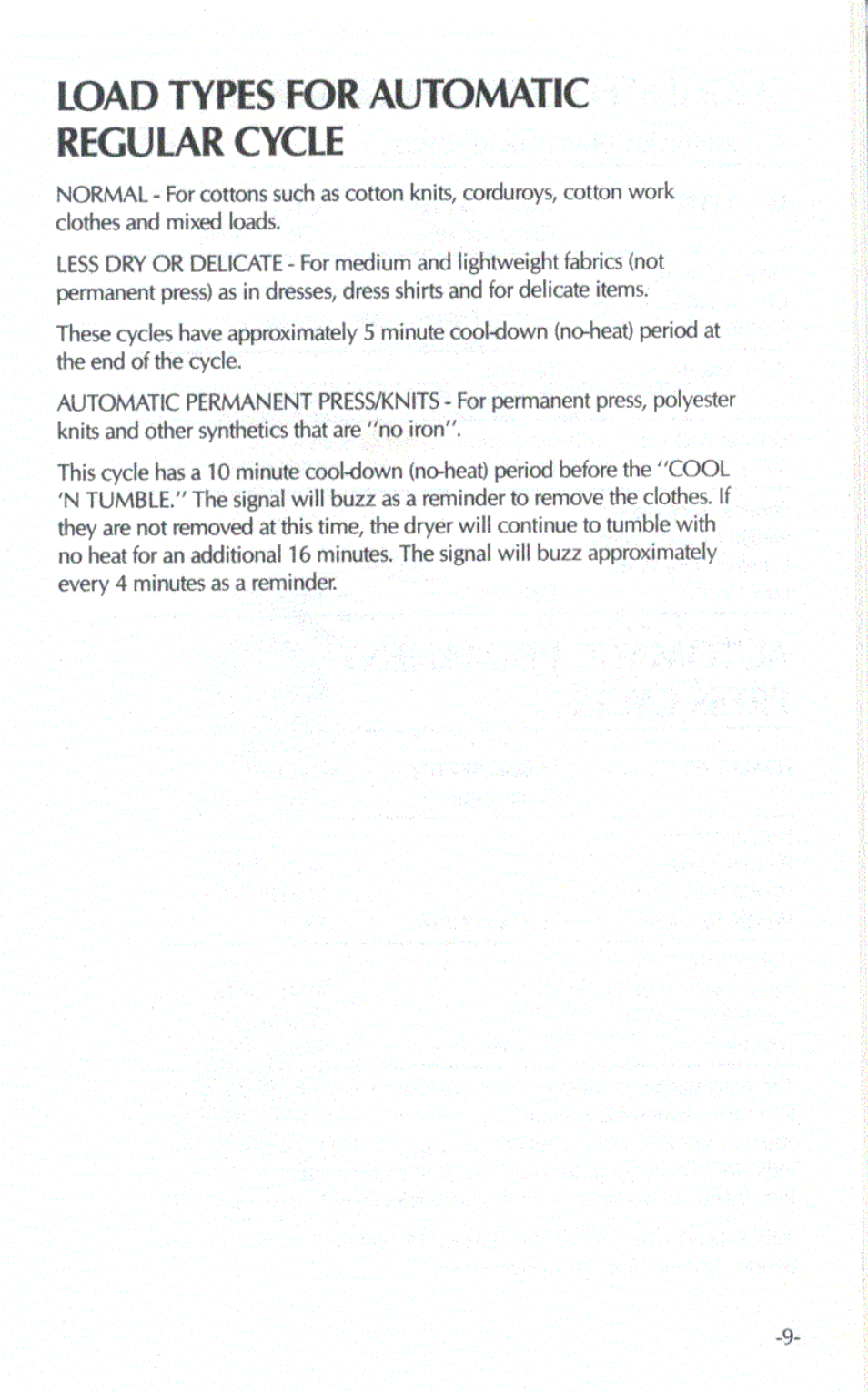 Load types for automatic regular cycle | Amana RAYTHEON LE2502 User Manual | Page 4 / 10