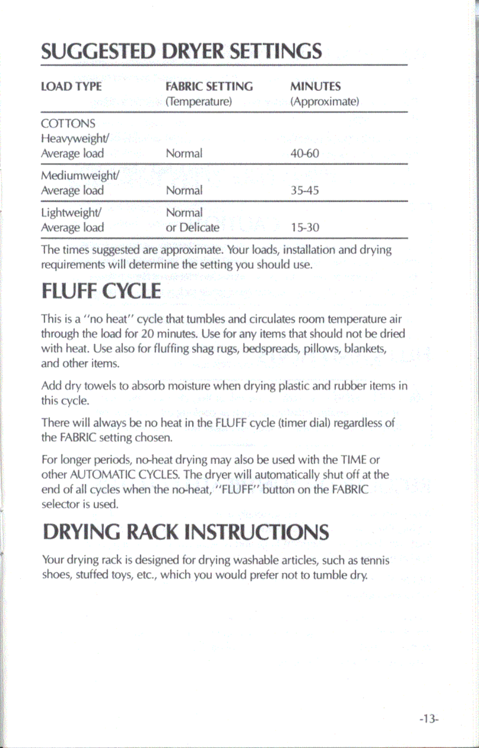 Suggested dryer settings, Fluff cycle, Drying rack instructions | Amana RAYTHEON LE2502 User Manual | Page 8 / 10