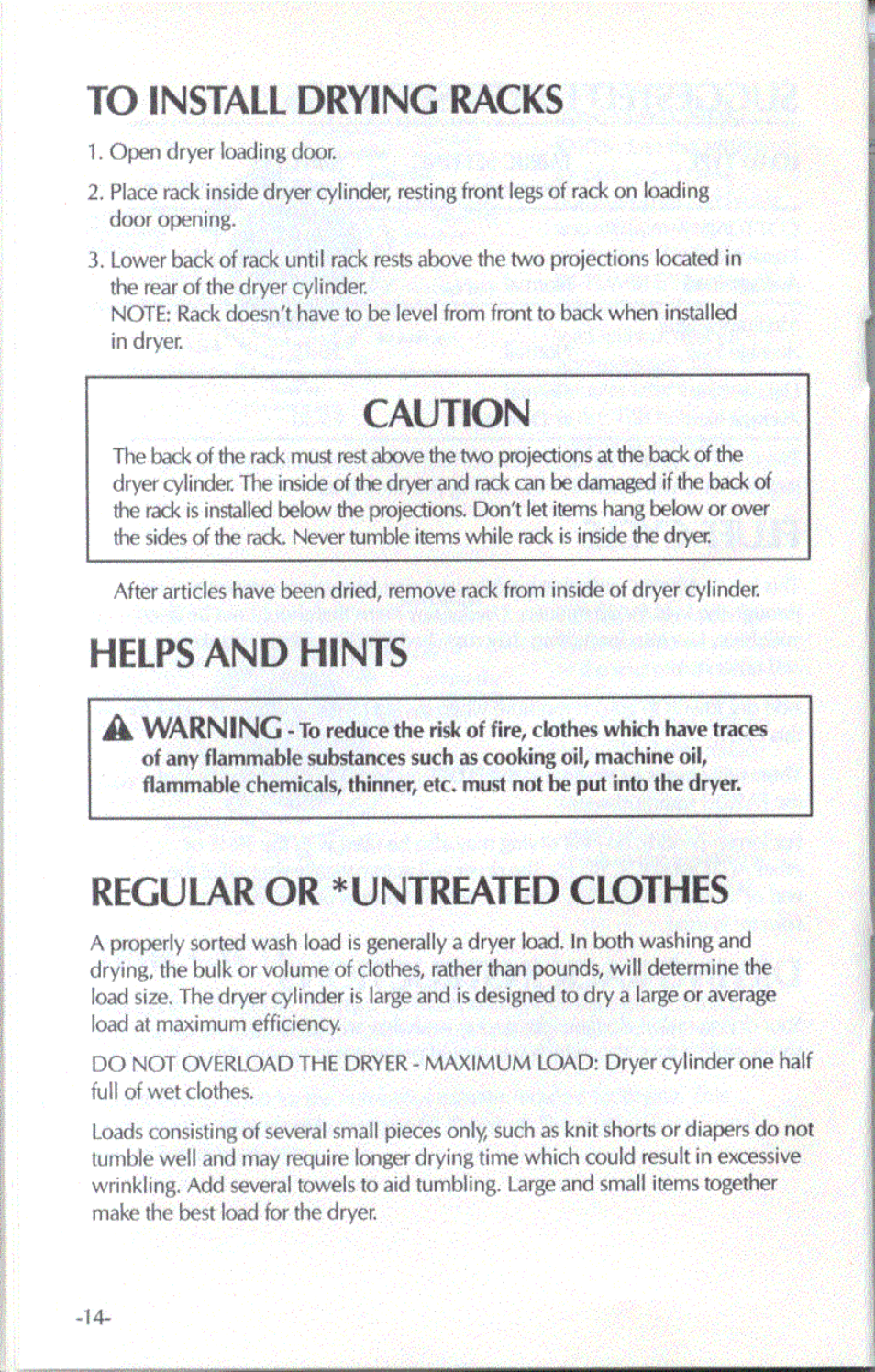 To install drying racks, Helps and hints, Regular or * untreated clothes | Caution, A warning | Amana RAYTHEON LE2502 User Manual | Page 9 / 10