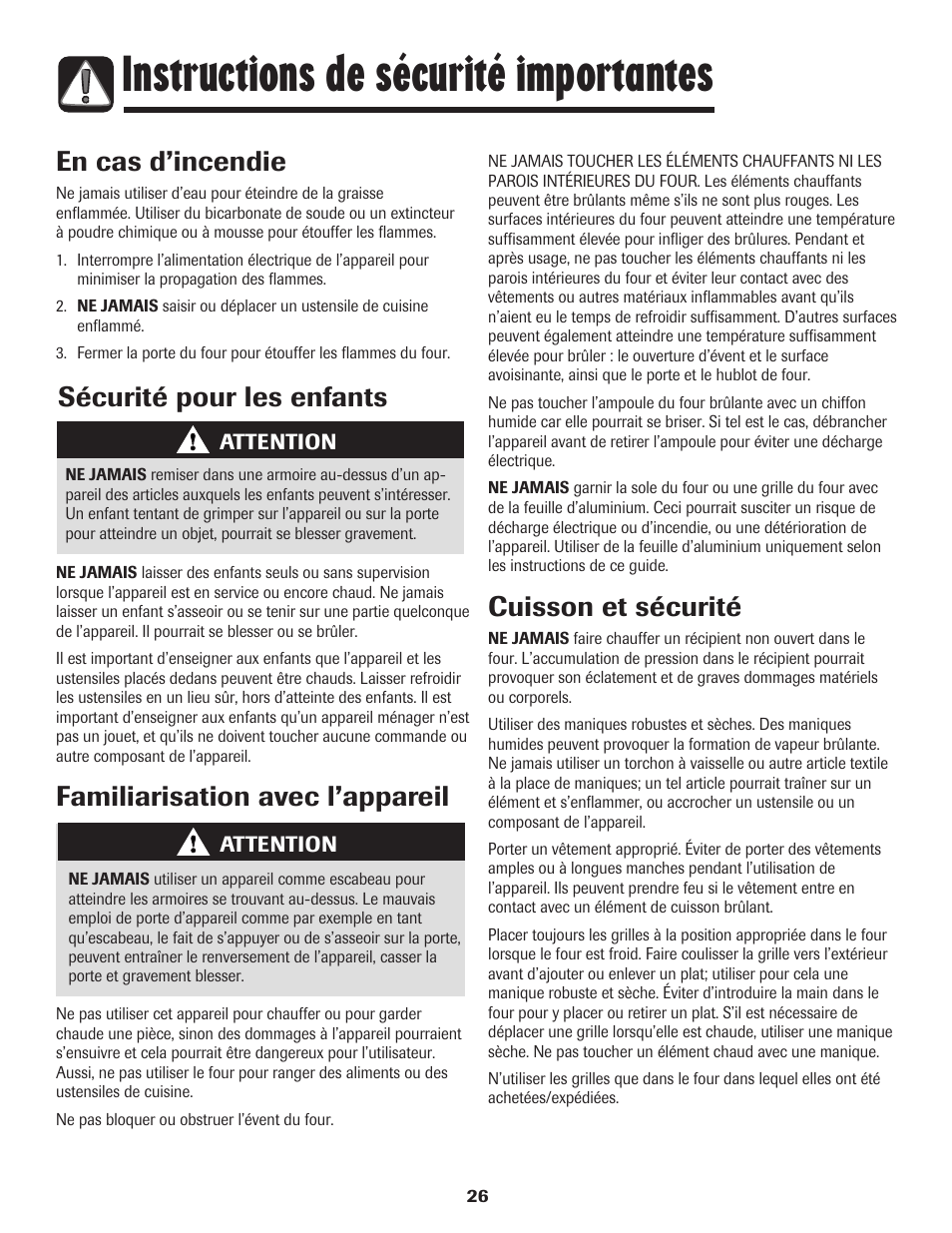 Instructions de sécurité importantes, Familiarisation avec l’appareil, Cuisson et sécurité | Sécurité pour les enfants en cas d’incendie | Amana 8113P595-60 User Manual | Page 27 / 76