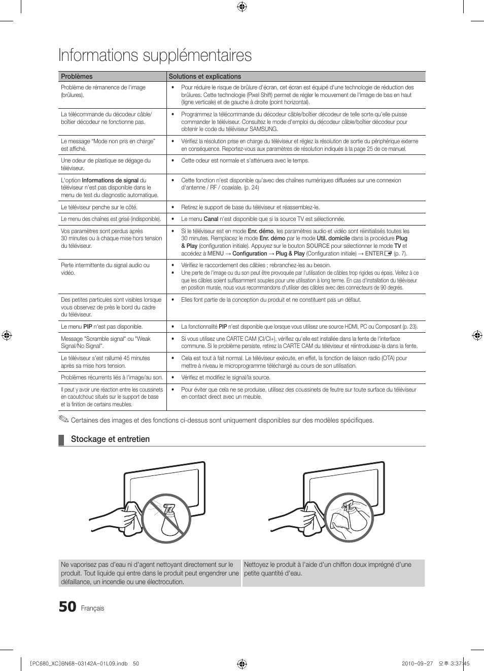 Informations supplémentaires, Stockage et entretien | Samsung PS50C680G5W User Manual | Page 102 / 474
