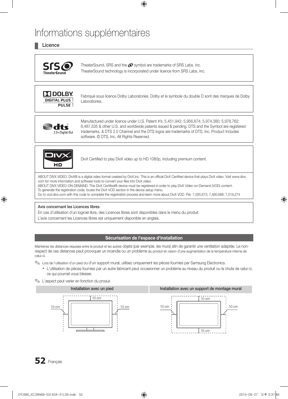Informations supplémentaires | Samsung PS50C680G5W User Manual | Page 104 / 474
