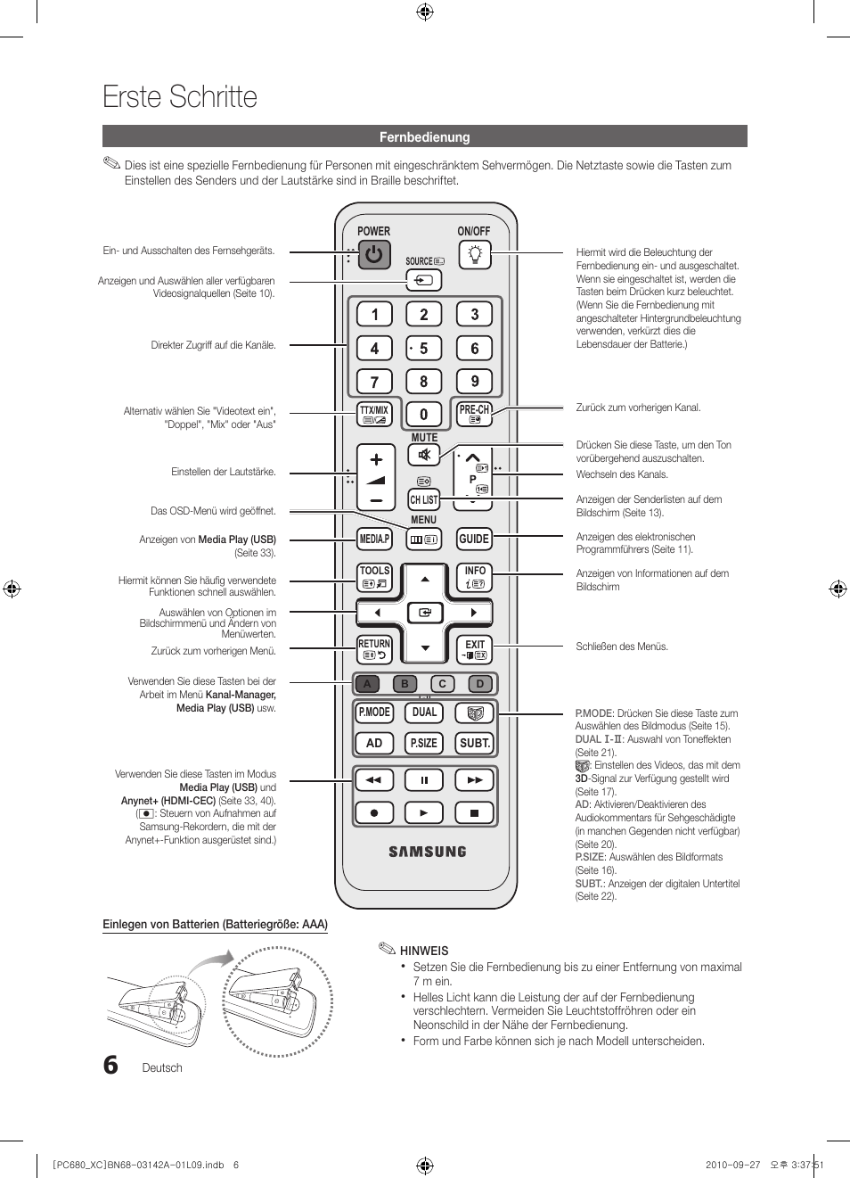 Erste schritte | Samsung PS50C680G5W User Manual | Page 110 / 474
