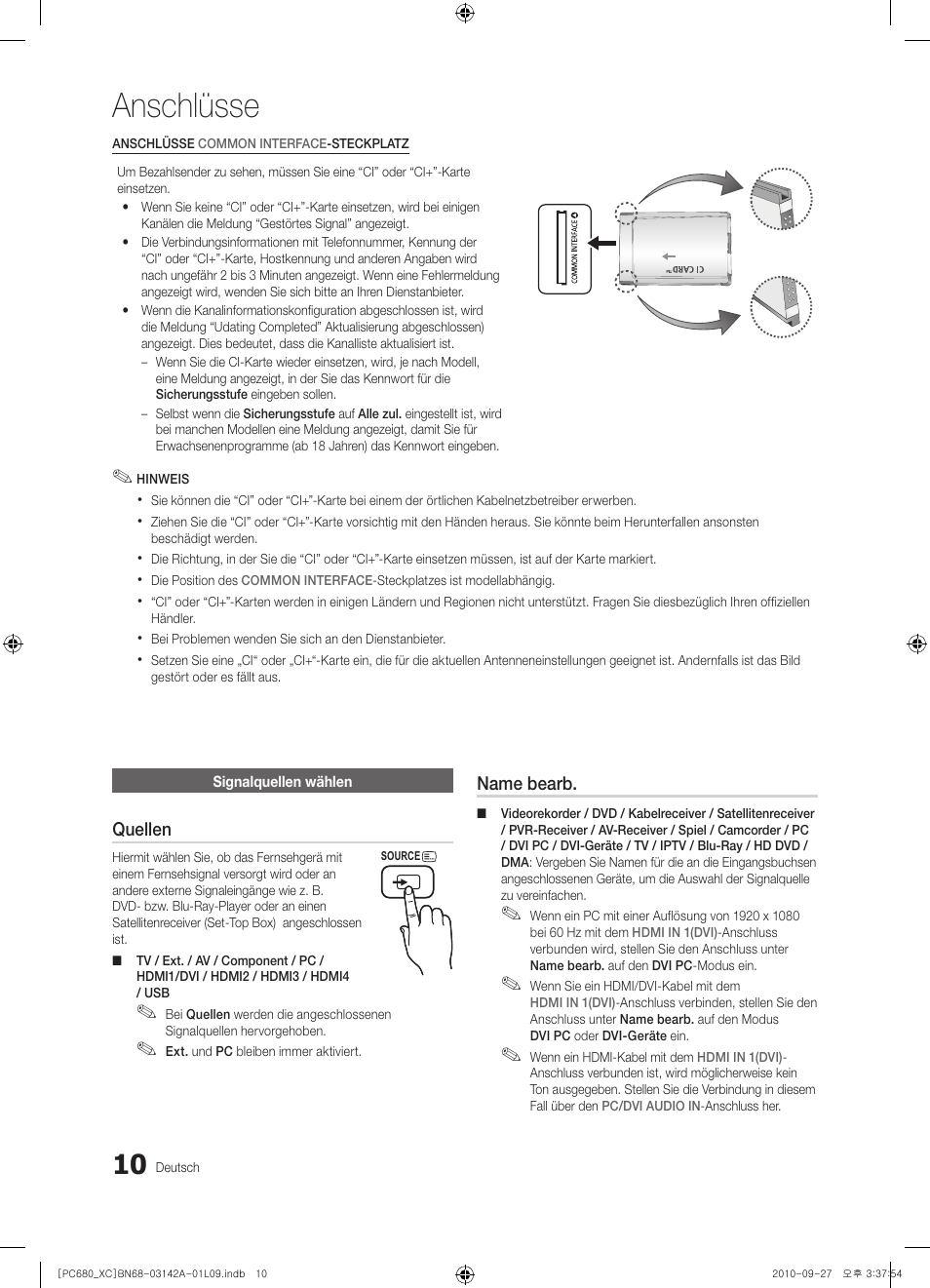 Anschlüsse | Samsung PS50C680G5W User Manual | Page 114 / 474