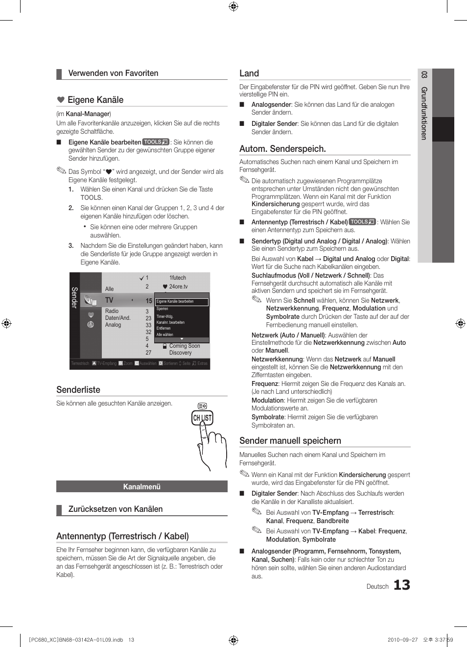Eigene kanäle, Senderliste, Antennentyp (terrestrisch / kabel) | Land, Autom. senderspeich, Sender manuell speichern | Samsung PS50C680G5W User Manual | Page 117 / 474