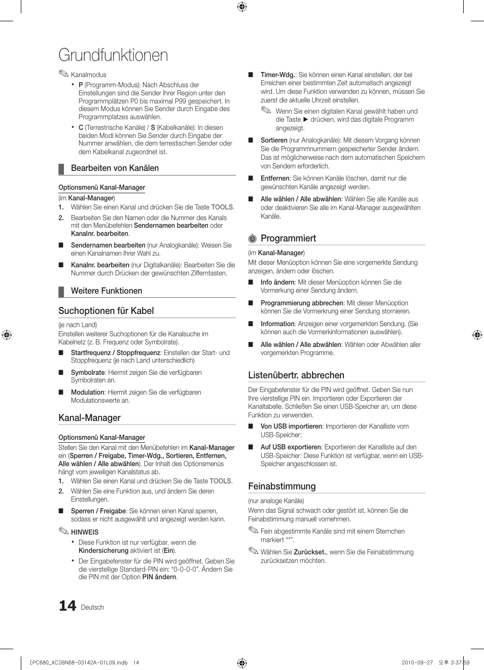 Grundfunktionen, Suchoptionen für kabel, Kanal-manager | Programmiert, Listenübertr. abbrechen, Feinabstimmung | Samsung PS50C680G5W User Manual | Page 118 / 474