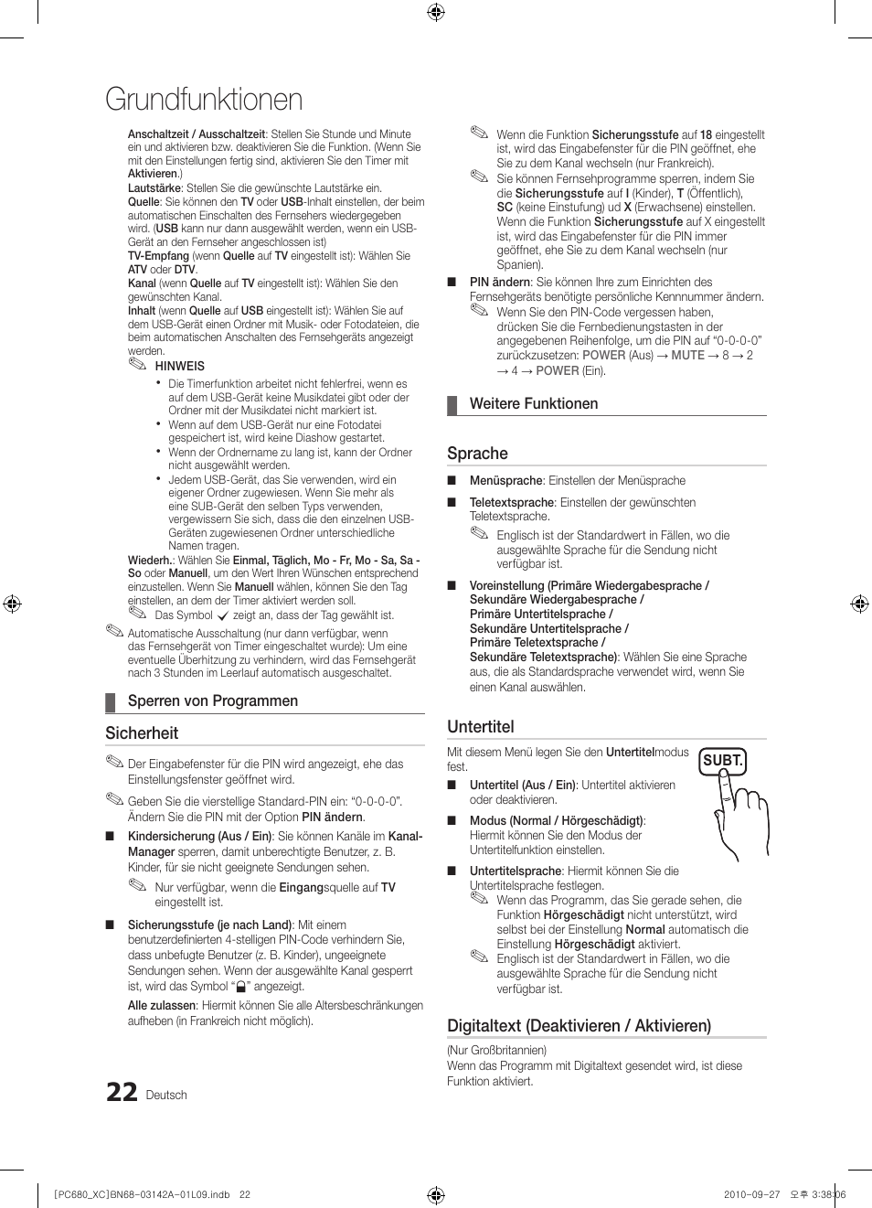 Grundfunktionen, Sicherheit, Sprache | Untertitel, Digitaltext (deaktivieren / aktivieren) | Samsung PS50C680G5W User Manual | Page 126 / 474