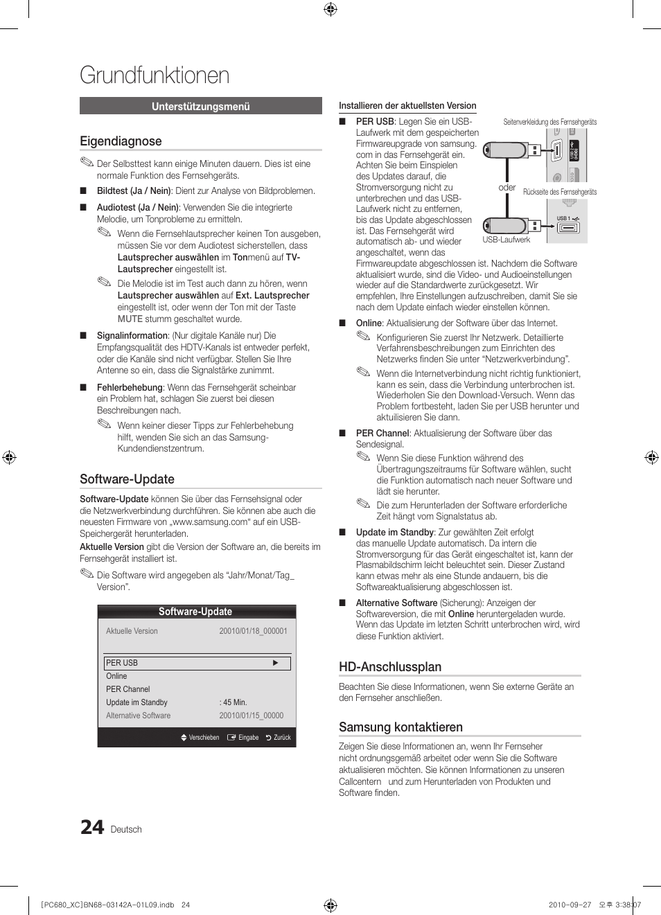 Grundfunktionen, Eigendiagnose, Software-update | Hd-anschlussplan, Samsung kontaktieren | Samsung PS50C680G5W User Manual | Page 128 / 474