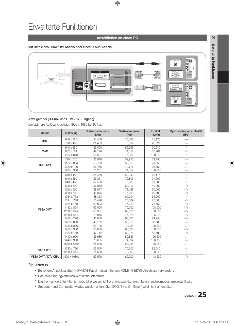Erweiterte funktionen | Samsung PS50C680G5W User Manual | Page 129 / 474