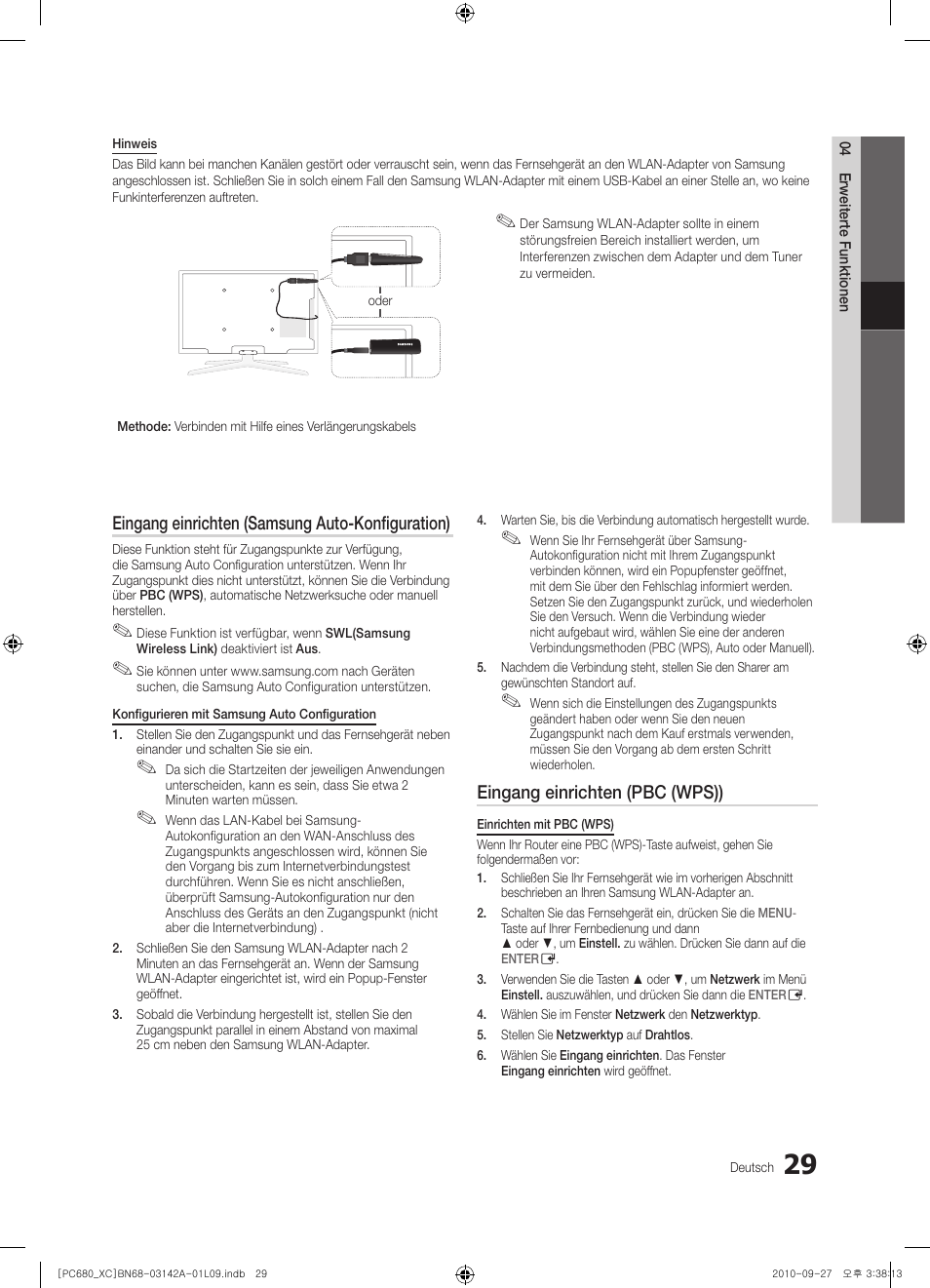 Eingang einrichten (samsung auto-konfiguration), Eingang einrichten (pbc (wps)) | Samsung PS50C680G5W User Manual | Page 133 / 474
