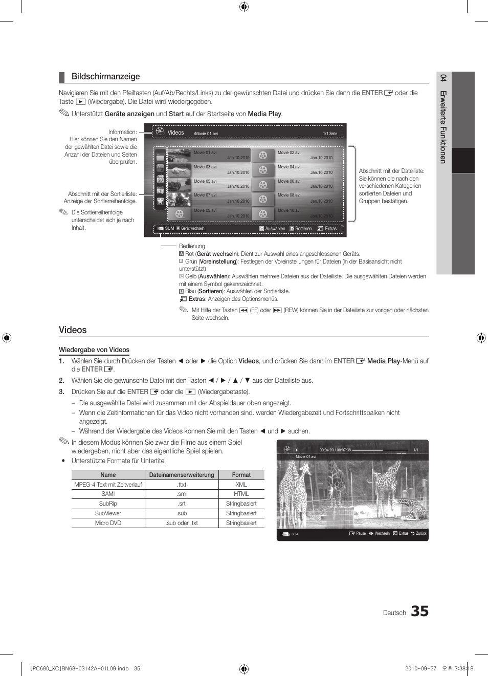 Videos, Bildschirmanzeige | Samsung PS50C680G5W User Manual | Page 139 / 474