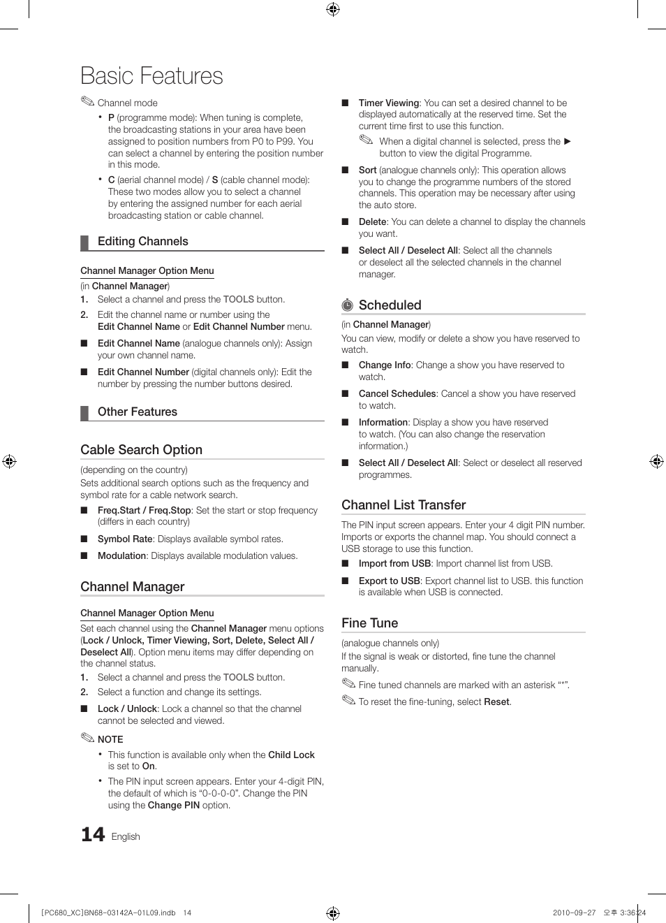 Basic features, Cable search option, Channel manager | Scheduled, Channel list transfer, Fine tune | Samsung PS50C680G5W User Manual | Page 14 / 474