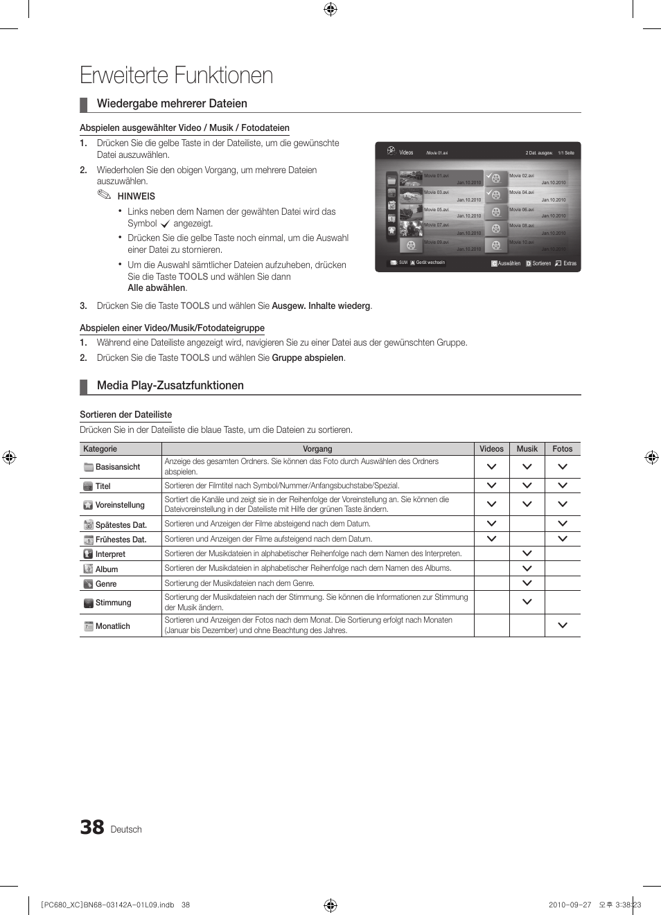 Erweiterte funktionen, Wiedergabe mehrerer dateien, Media play-zusatzfunktionen | Samsung PS50C680G5W User Manual | Page 142 / 474