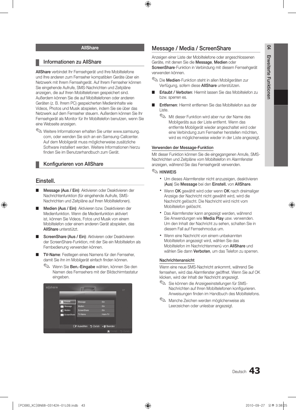 Einstell, Message / media / screenshare | Samsung PS50C680G5W User Manual | Page 147 / 474