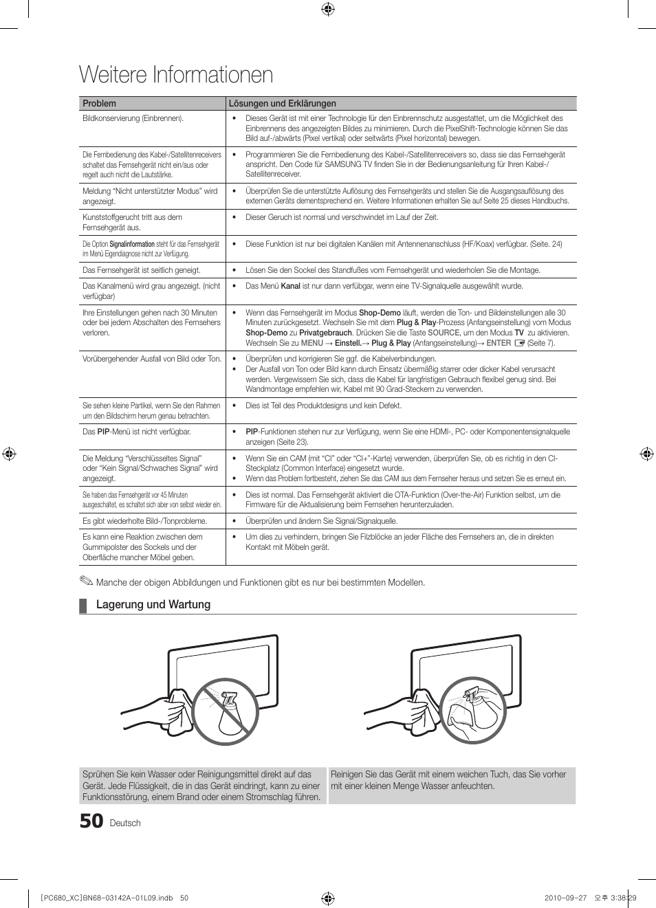 Weitere informationen, Lagerung und wartung | Samsung PS50C680G5W User Manual | Page 154 / 474