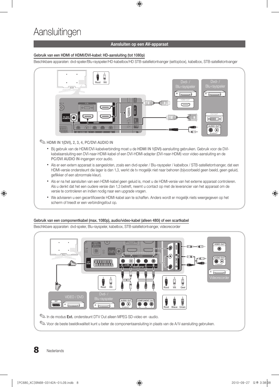 Aansluitingen, Aansluiten op een av-apparaat, Nederlands | Hdmi in 1(dvi), 2, 3, 4, pc/dvi audio in, Videorecorder dvd- / blu-rayspeler, Video / dvd, Dvd- / blu-rayspeler dvd- / blu-rayspeler | Samsung PS50C680G5W User Manual | Page 164 / 474