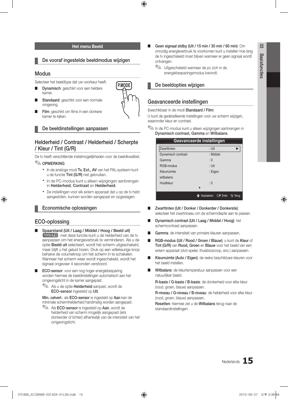 Modus, Eco-oplossing, Geavanceerde instellingen | Samsung PS50C680G5W User Manual | Page 171 / 474