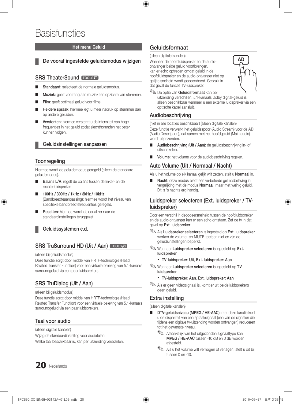 Basisfuncties, Srs theatersound, Toonregeling | Srs trusurround hd (uit / aan), Srs trudialog (uit / aan), Taal voor audio, Geluidsformaat, Audiobeschrijving, Auto volume (uit / normaal / nacht), Extra instelling | Samsung PS50C680G5W User Manual | Page 176 / 474