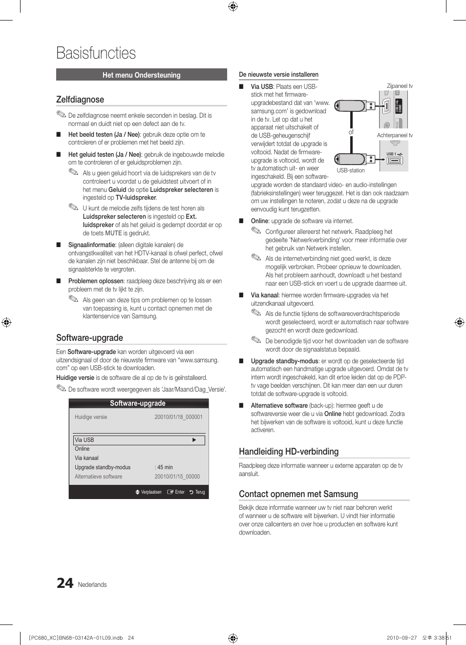 Basisfuncties, Zelfdiagnose, Software-upgrade | Handleiding hd-verbinding, Contact opnemen met samsung | Samsung PS50C680G5W User Manual | Page 180 / 474