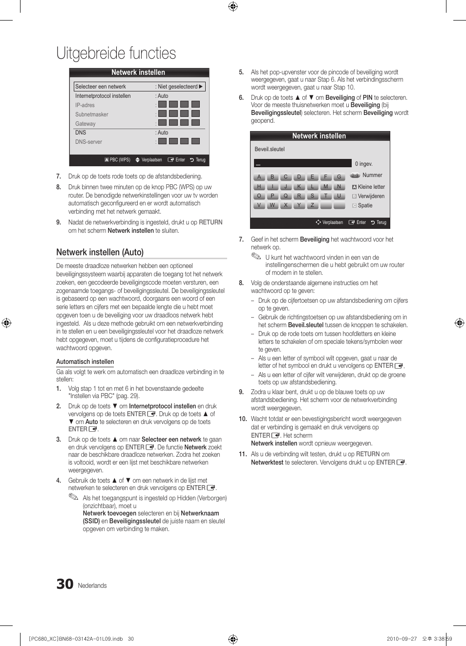 Uitgebreide functies, Netwerk instellen (auto) | Samsung PS50C680G5W User Manual | Page 186 / 474