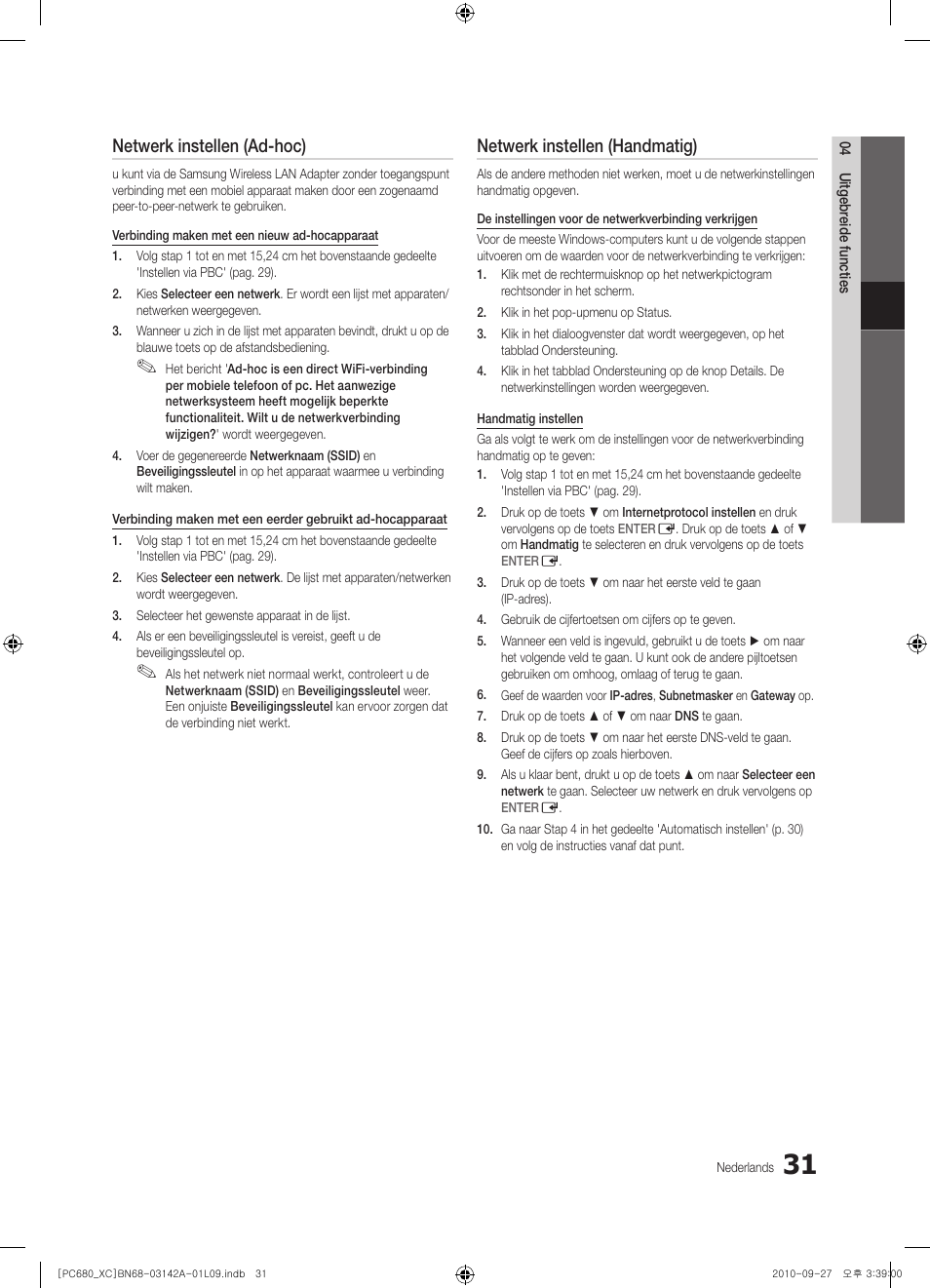 Netwerk instellen (ad-hoc), Netwerk instellen (handmatig) | Samsung PS50C680G5W User Manual | Page 187 / 474