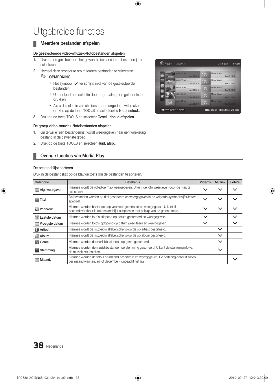 Uitgebreide functies, Meerdere bestanden afspelen, Overige functies van media play | Samsung PS50C680G5W User Manual | Page 194 / 474
