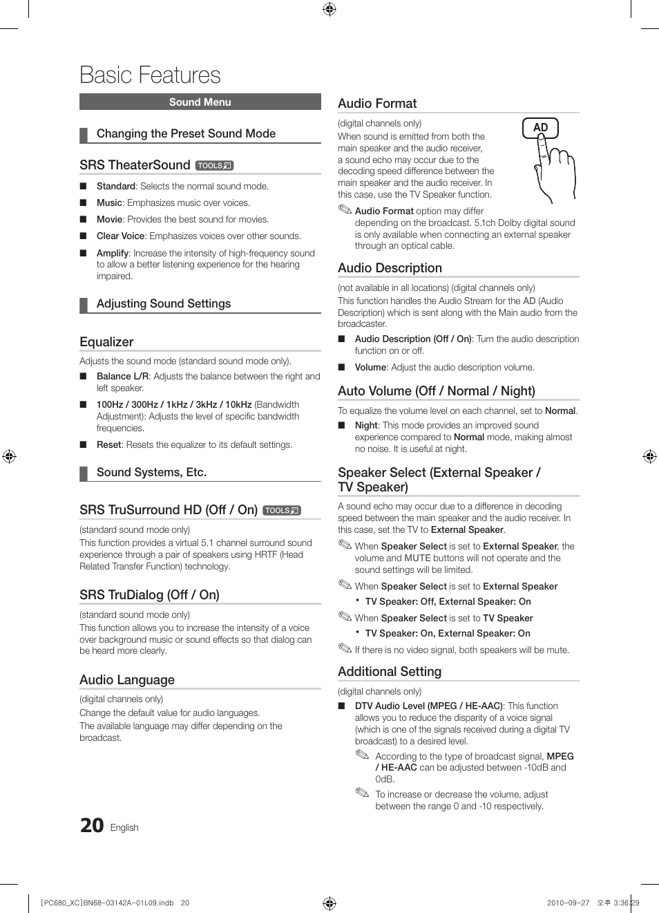 Basic features | Samsung PS50C680G5W User Manual | Page 20 / 474