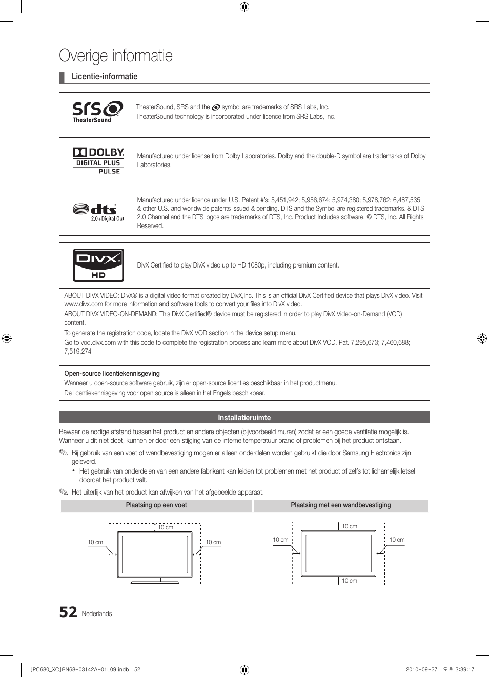 Overige informatie | Samsung PS50C680G5W User Manual | Page 208 / 474