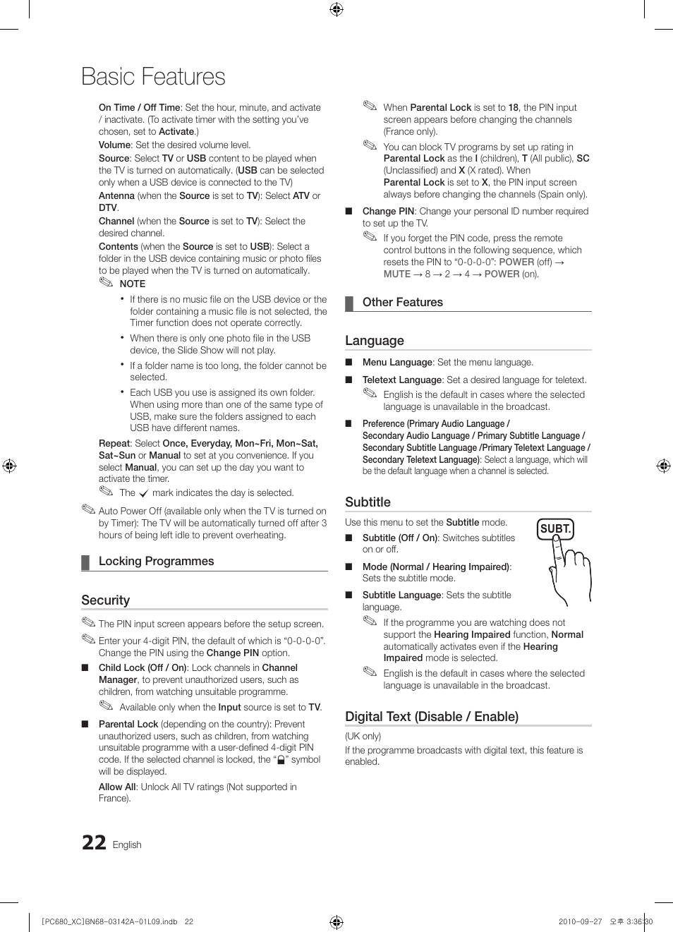 Basic features | Samsung PS50C680G5W User Manual | Page 22 / 474