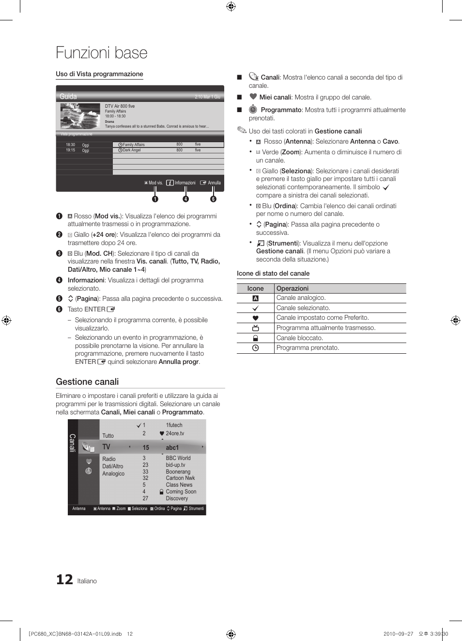 Funzioni base, Gestione canali | Samsung PS50C680G5W User Manual | Page 220 / 474