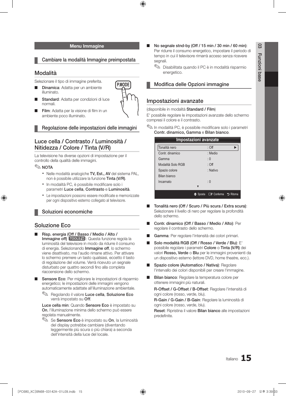 Modalità, Soluzione eco, Impostazioni avanzate | Samsung PS50C680G5W User Manual | Page 223 / 474