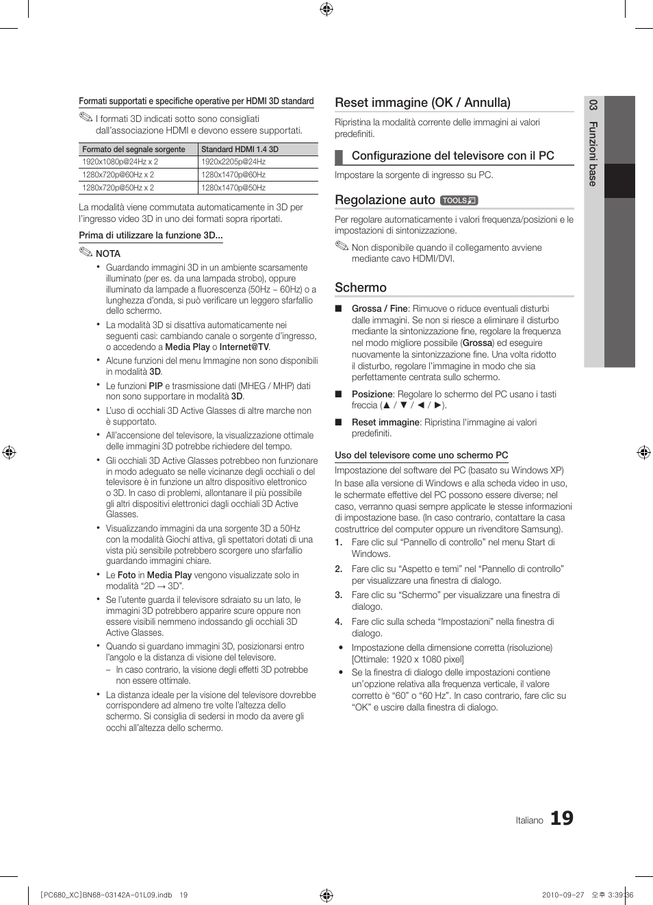 Reset immagine (ok / annulla), Regolazione auto, Schermo | Samsung PS50C680G5W User Manual | Page 227 / 474