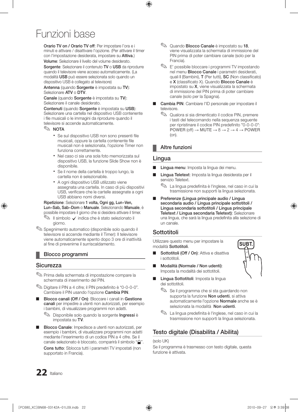 Funzioni base, Sicurezza, Lingua | Sottotitoli, Testo digitale (disabilita / abilita) | Samsung PS50C680G5W User Manual | Page 230 / 474