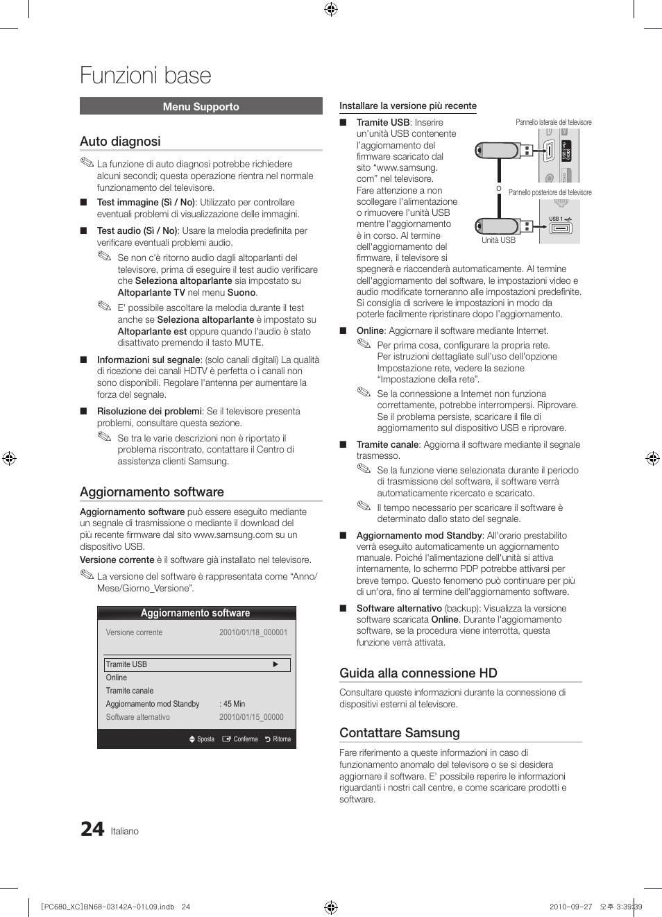 Funzioni base, Auto diagnosi, Aggiornamento software | Guida alla connessione hd, Contattare samsung | Samsung PS50C680G5W User Manual | Page 232 / 474
