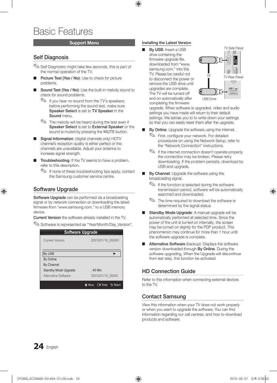 Basic features, Self diagnosis, Software upgrade | Hd connection guide, Contact samsung | Samsung PS50C680G5W User Manual | Page 24 / 474