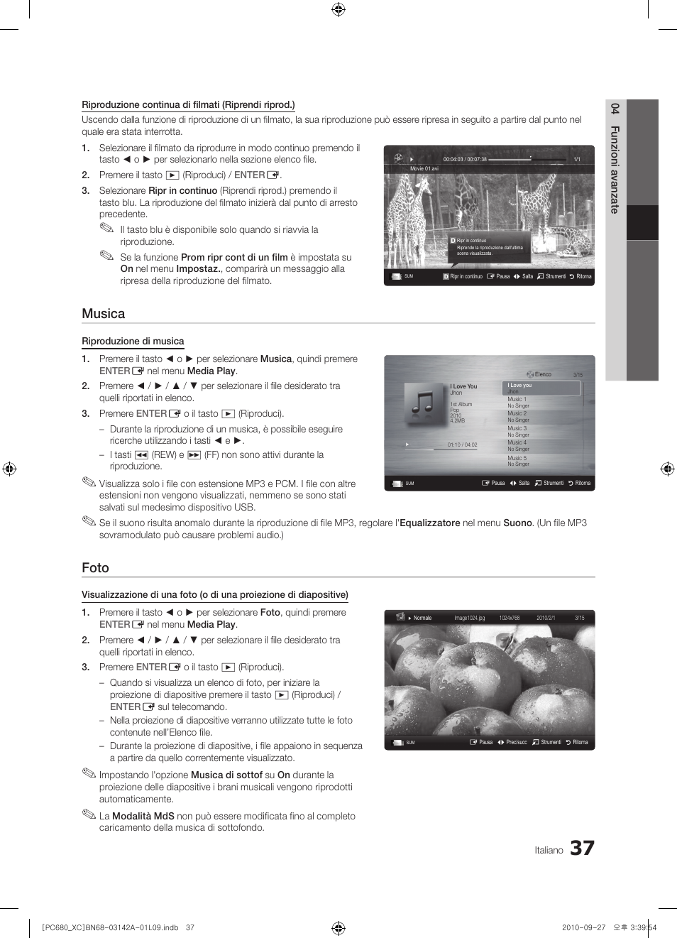 Musica, Foto | Samsung PS50C680G5W User Manual | Page 245 / 474