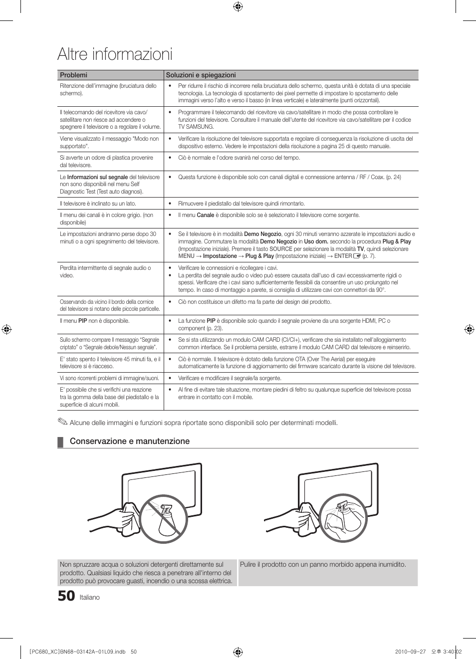 Altre informazioni, Conservazione e manutenzione | Samsung PS50C680G5W User Manual | Page 258 / 474