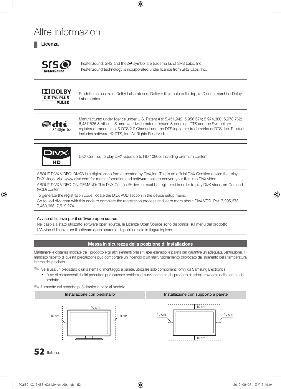 Altre informazioni | Samsung PS50C680G5W User Manual | Page 260 / 474