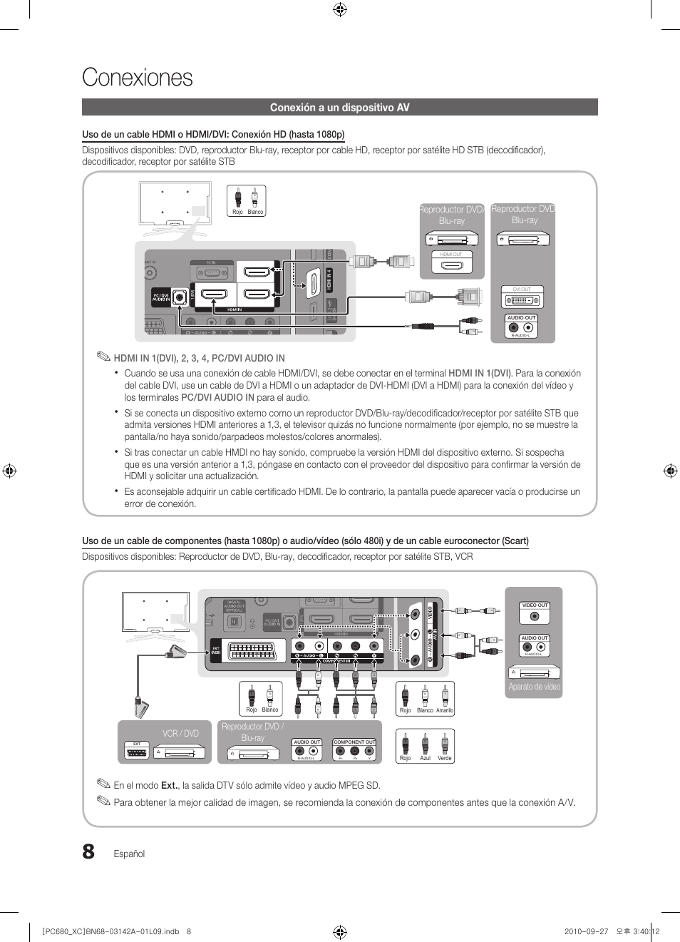 Conexiones, Conexión a un dispositivo av, Español | Hdmi in 1(dvi), 2, 3, 4, pc/dvi audio in, Aparato de vídeo reproductor dvd / blu-ray, Vcr / dvd, Reproductor dvd/ blu-ray reproductor dvd/ blu-ray | Samsung PS50C680G5W User Manual | Page 270 / 474