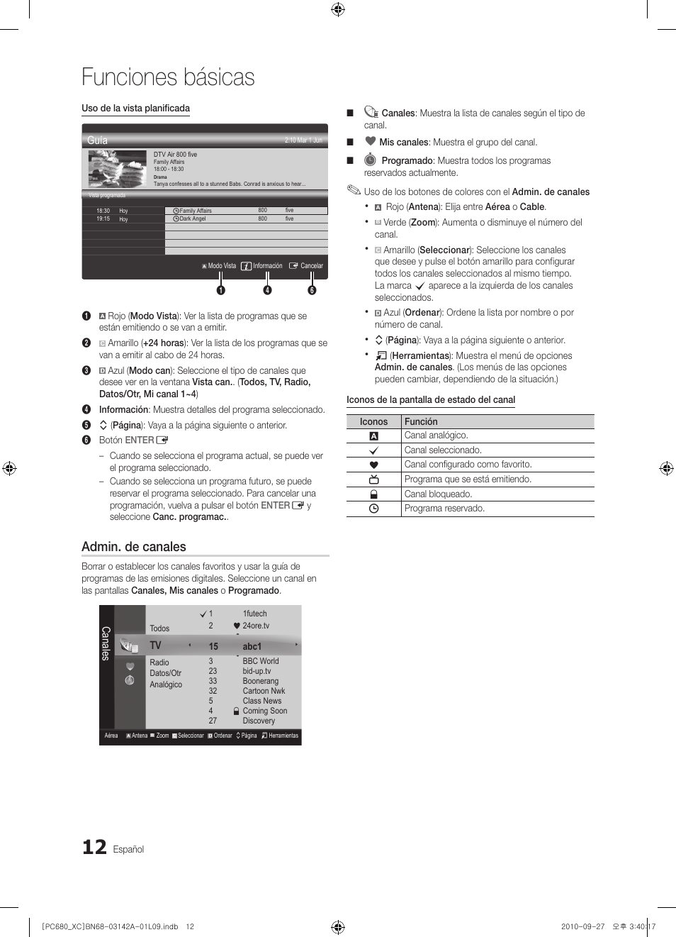 Funciones básicas, Admin. de canales | Samsung PS50C680G5W User Manual | Page 274 / 474