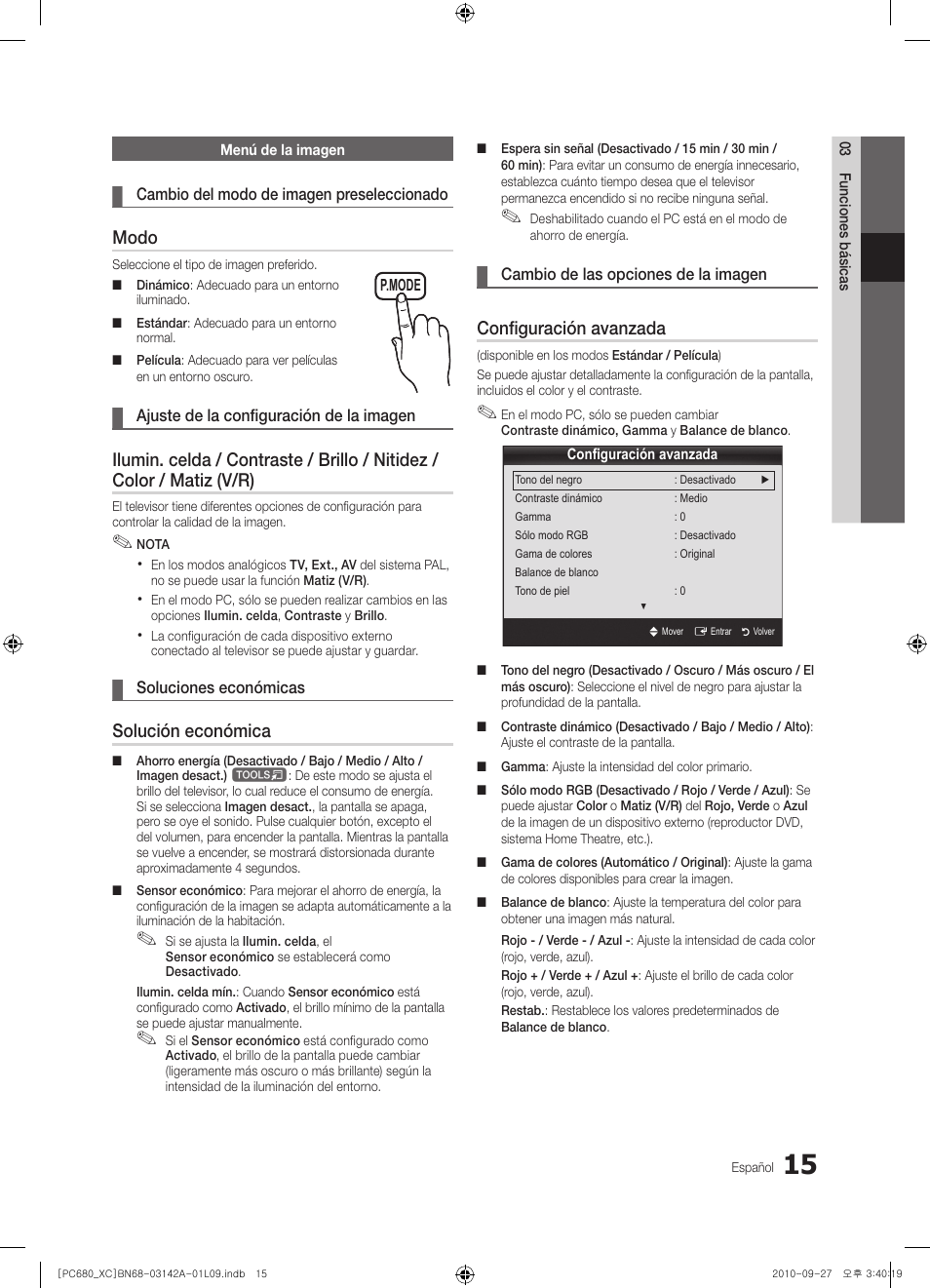 Modo, Solución económica, Configuración avanzada | Samsung PS50C680G5W User Manual | Page 277 / 474