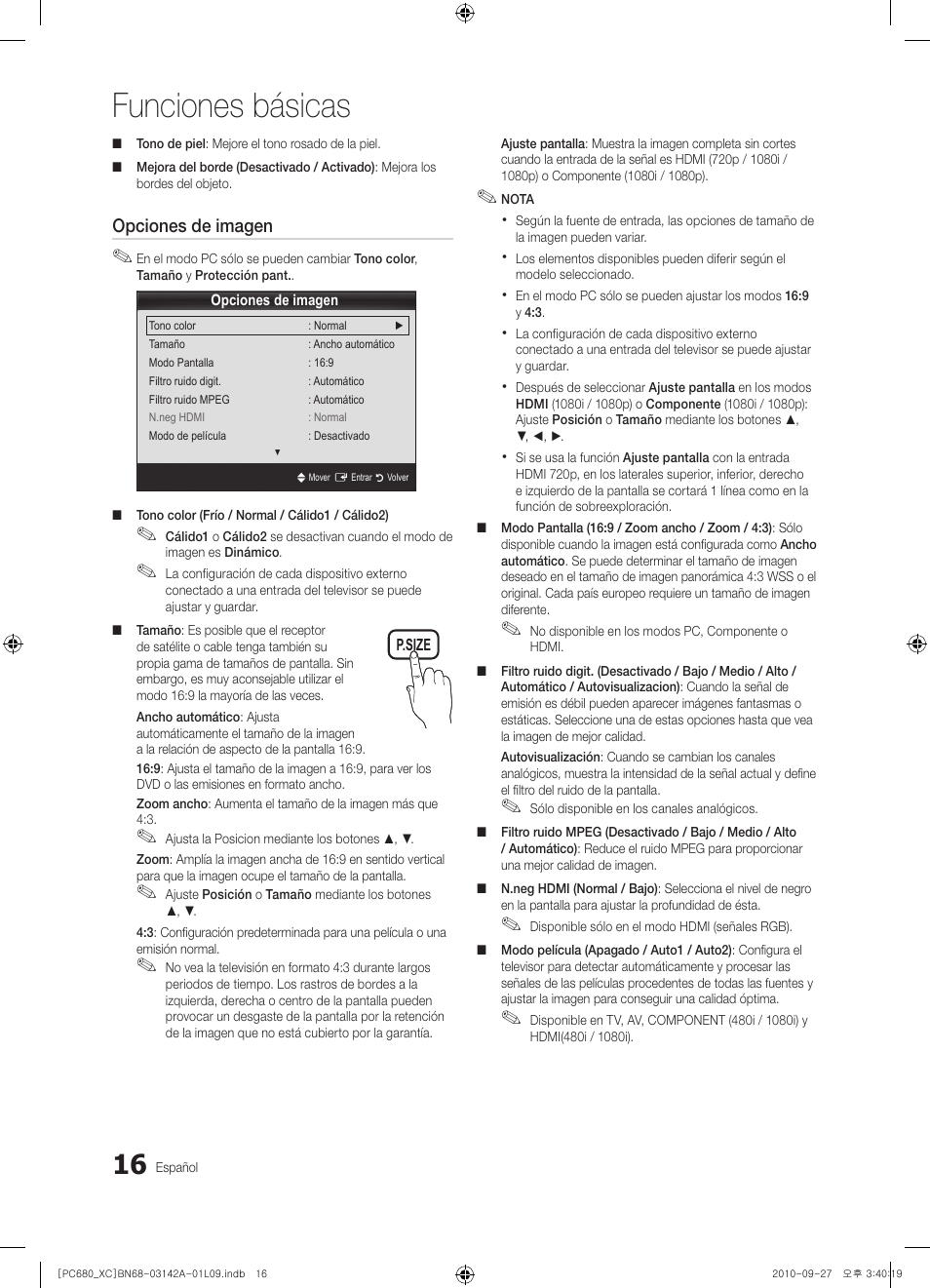 Funciones básicas | Samsung PS50C680G5W User Manual | Page 278 / 474