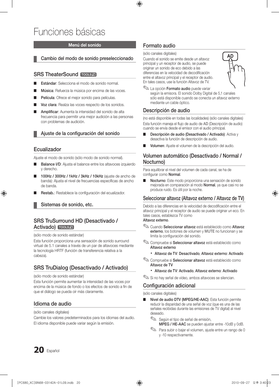 Funciones básicas, Srs theatersound, Ecualizador | Srs trusurround hd (desactivado / activado), Srs trudialog (desactivado / activado), Idioma de audio, Formato audio, Descripción de audio, Configuración adicional | Samsung PS50C680G5W User Manual | Page 282 / 474